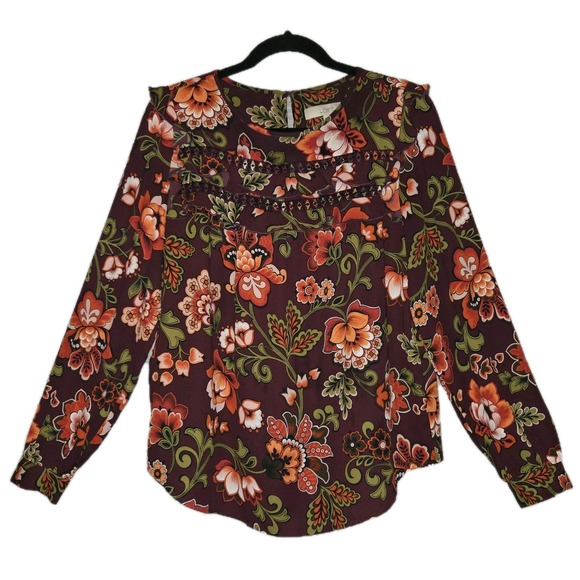 Ann Taylor Loft Tops - LOFT Floral Print Ruffle Blouse Womens Small Top Long Sleeve Round Neck Boho